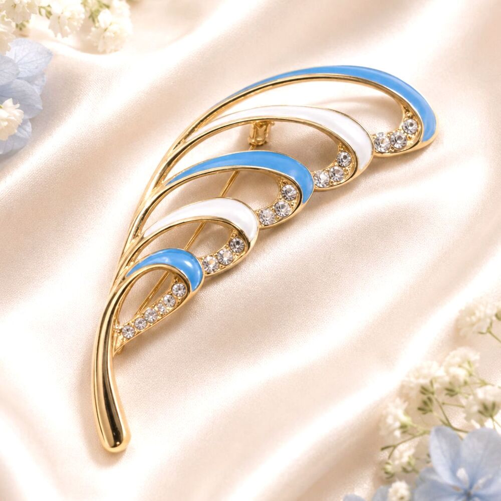 Vintage Blue and White Rhinestone Accented Feather Brooch